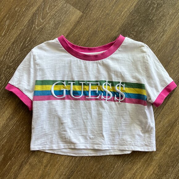 Guess Cropped Pink Striped Size S Rainbow Money T-Shirt - Picture 4 of 8